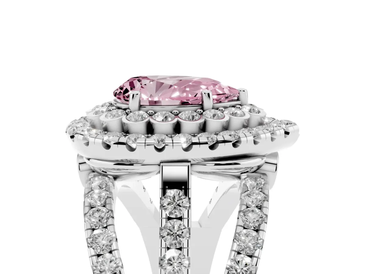Fancy Pink Pear Cut Diamond Double Halo Ring with Round Pavé Split Shank and Prong Setting Silver