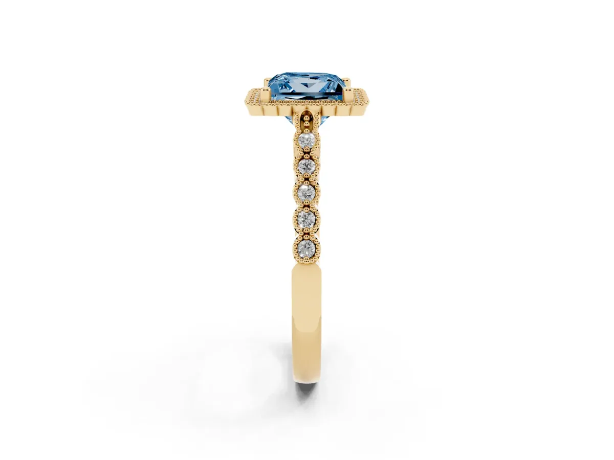 Fancy Blue Princess Cut Cut Halo Pavé Solitaire Ring with Milgrain Band Yellow gold