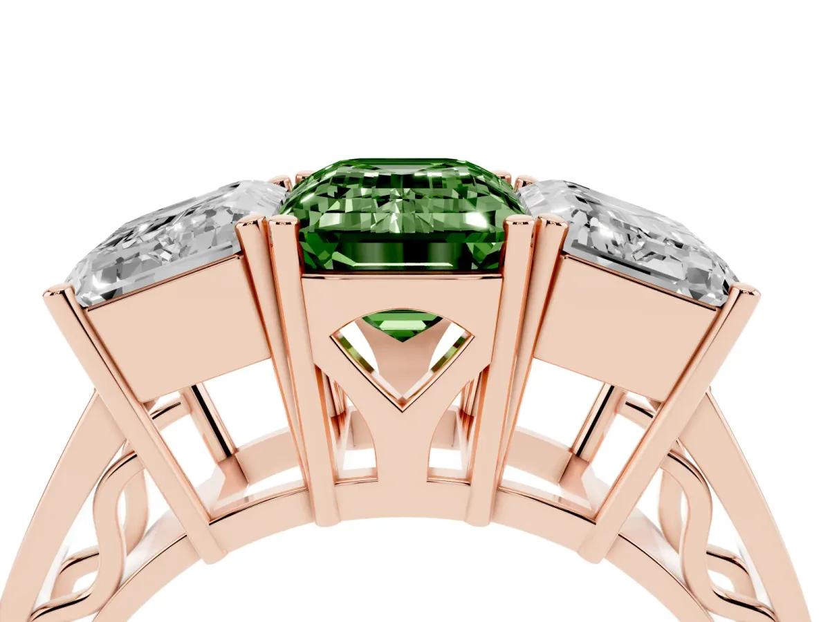 Fancy Green Emerald Cut Diamond Three-Stone Ring with Prong Setting and Textured Band Rose gold