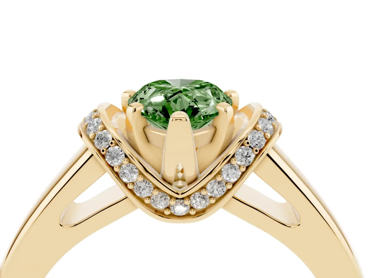 Fancy Green Pear Cut Solitaire Diamond Ring with Pave Band and Six-Prong Setting Yellow gold