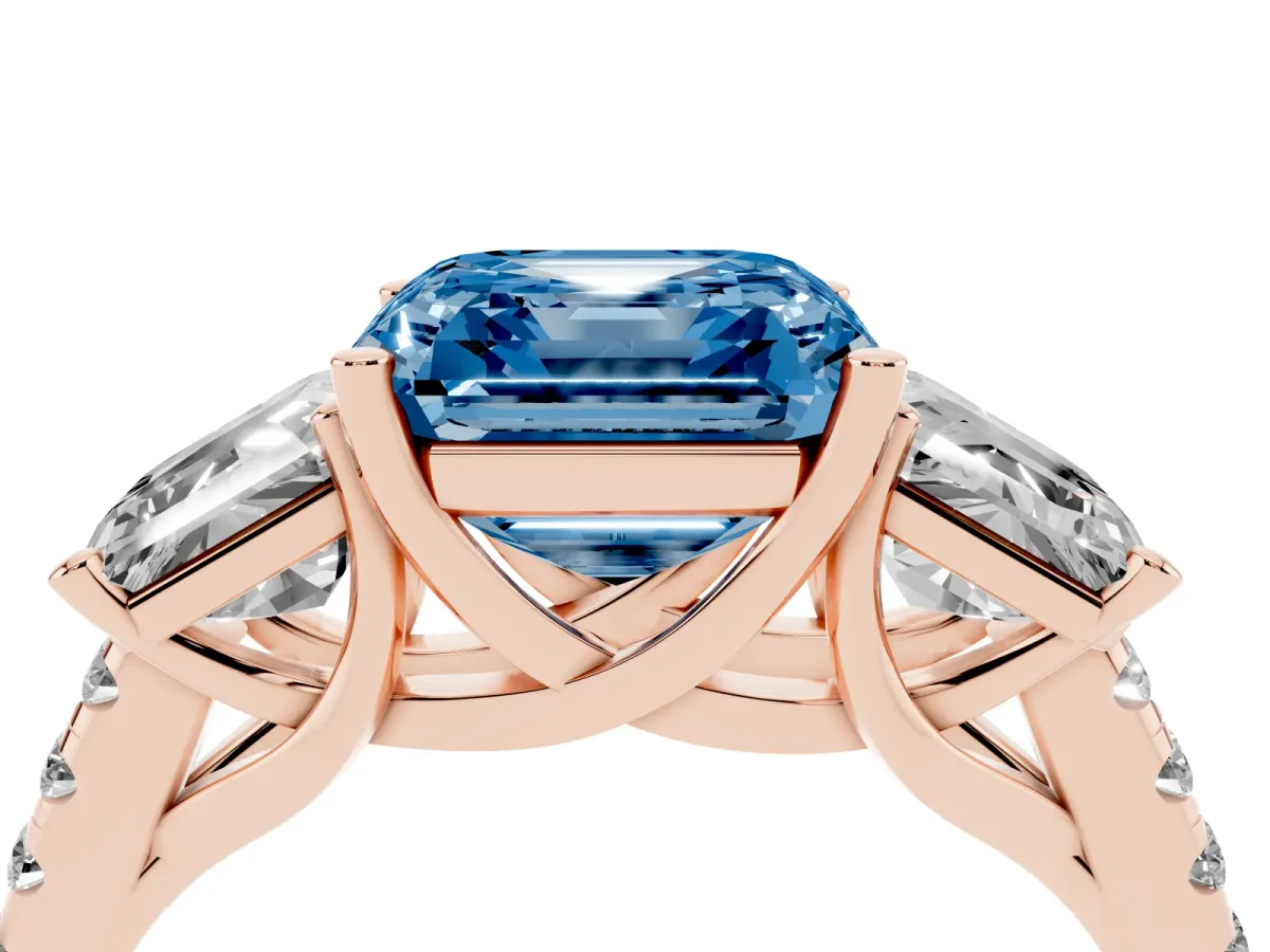 Fancy Blue Three-Stone Asscher Cut Diamond Ring with Round Pavé Band and Prong Setting Rose gold