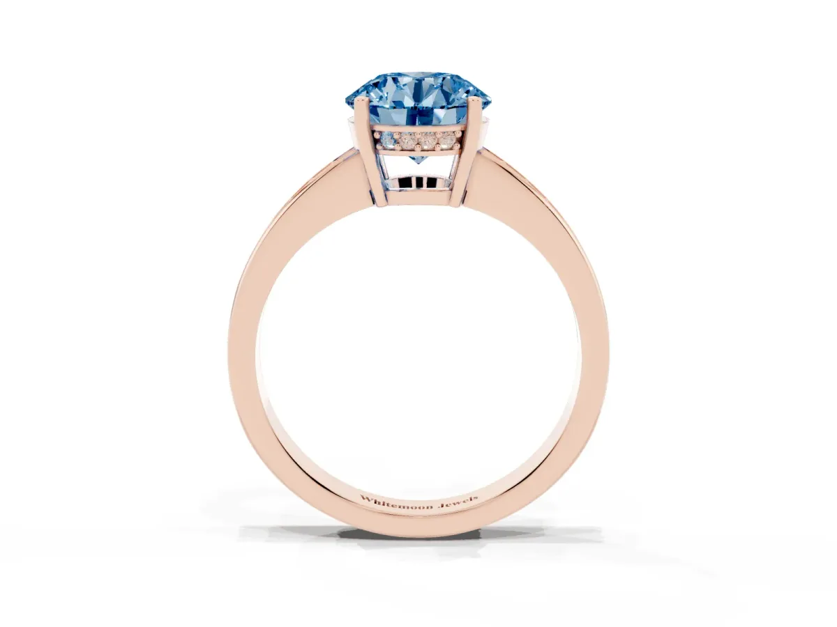 Fancy Blue Round Cut Solitaire Pavé Band Prong Setting Ring Rose gold