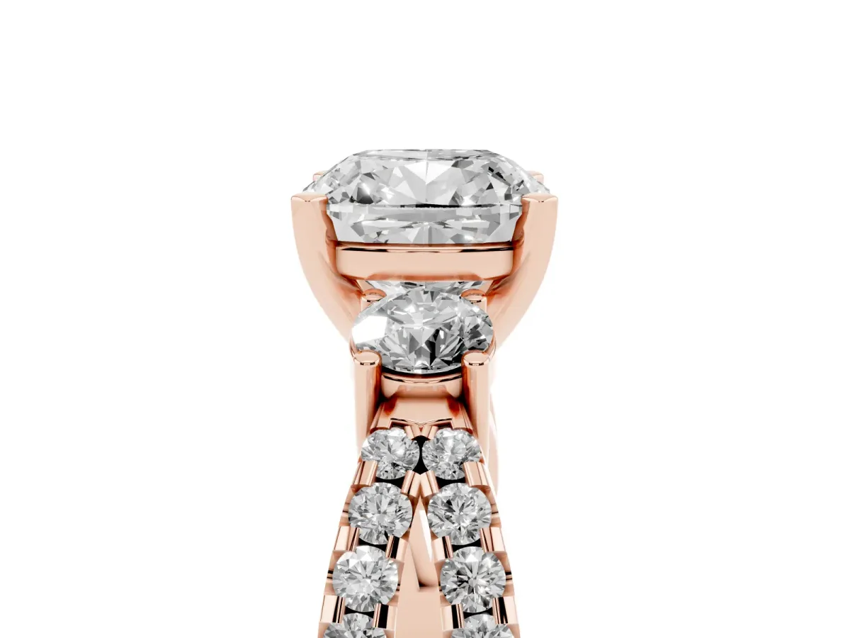 Cushion Cut Diamond Three-Stone Ring with Pavé Split Shank and Four-Prong Setting Rose gold