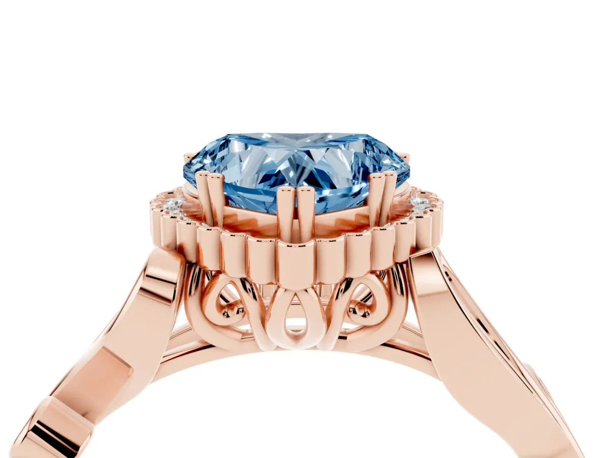 Fancy Blue Heart Cut Diamond Halo Ring with Vintage Split Shank and Four-Prong Setting Rose gold