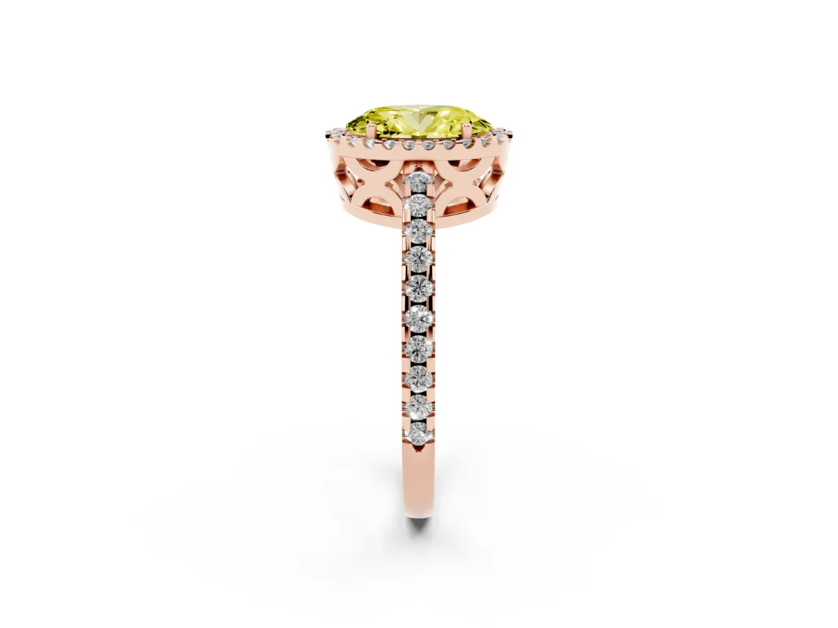 Fancy Yellow Oval Cut Diamond Halo Engagement Ring with Pavé Band and Prong Setting Rose gold