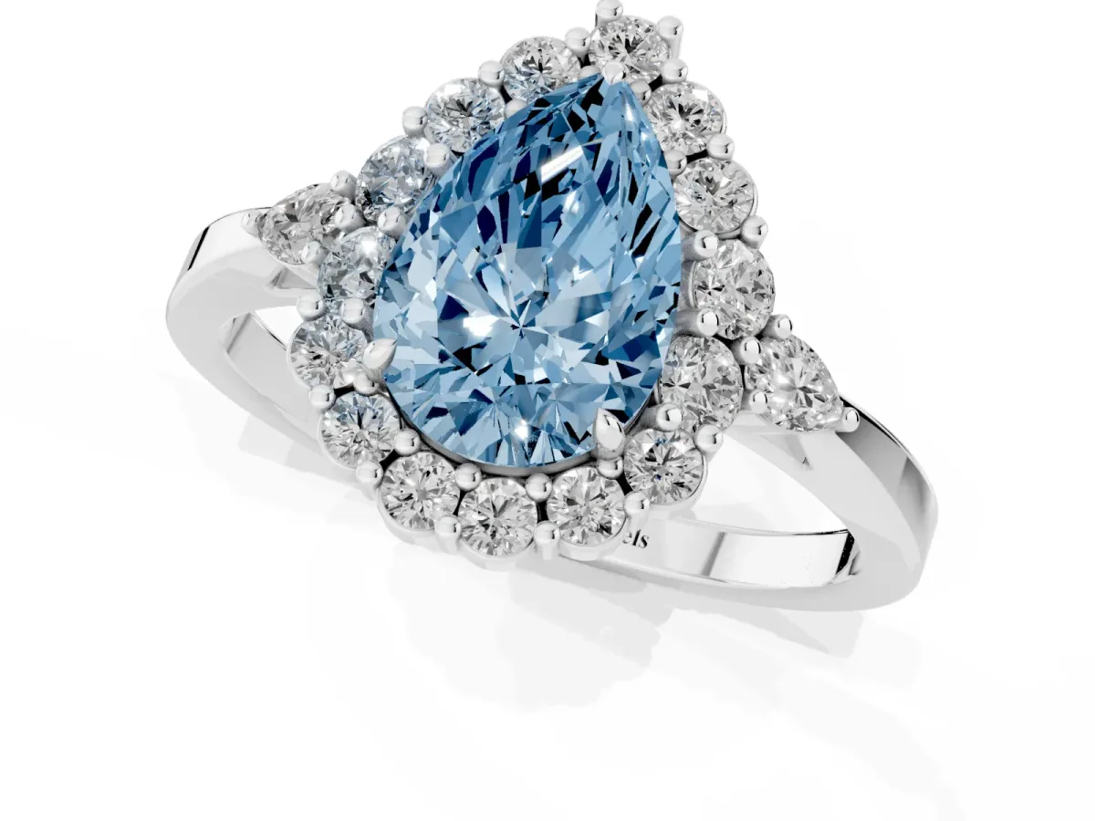 Fancy Blue Pear Cut Diamond Halo Ring with Pear Side Stones and Prong Setting Silver