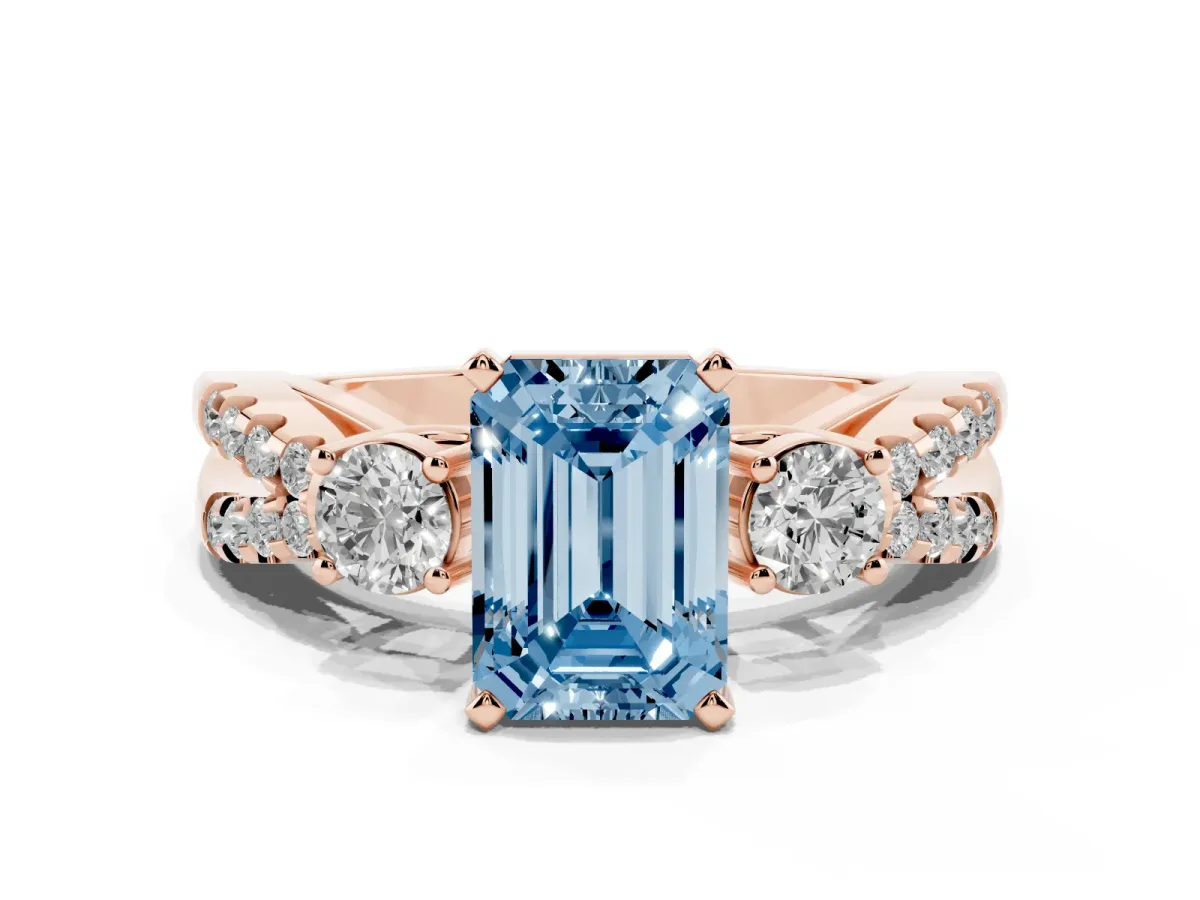 Fancy Blue Emerald Cut Diamond Three-Stone Ring with Pavé Split Shank and Four-Prong Setting Rose gold