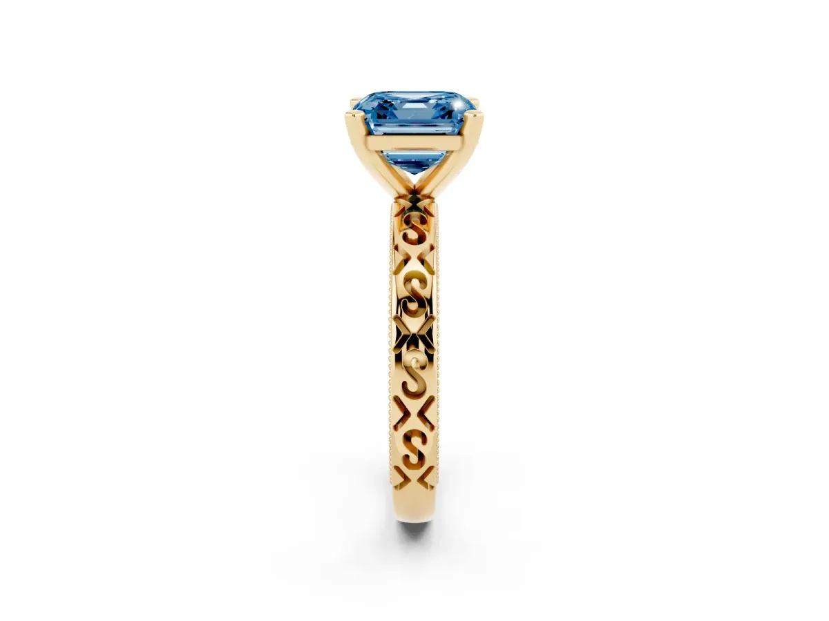 Fancy Blue Asscher Cut Solitaire Engagement Ring with Scrollwork Band and Four-Prong Setting Yellow gold
