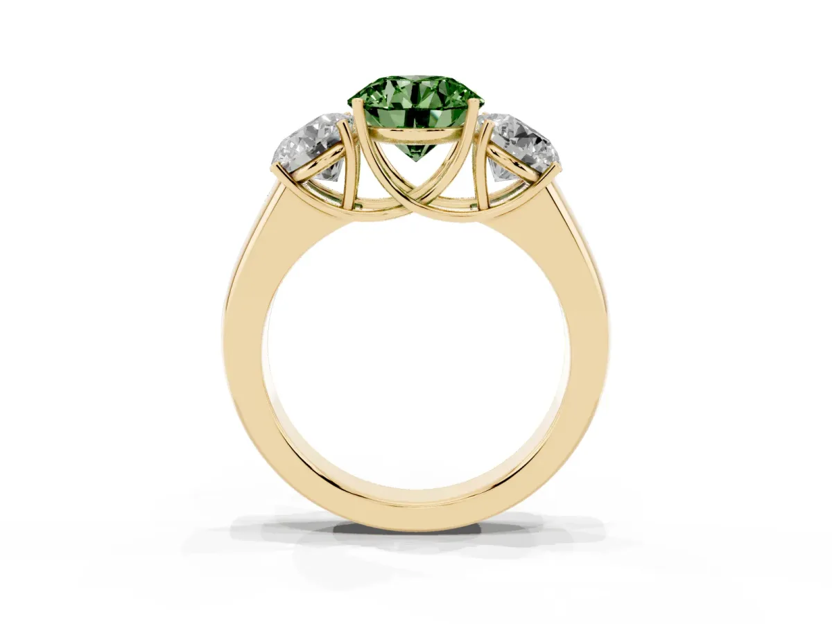 Fancy Green Three-Stone Round Cut Cut Diamond Ring with Prong Setting and Classic Band Yellow gold