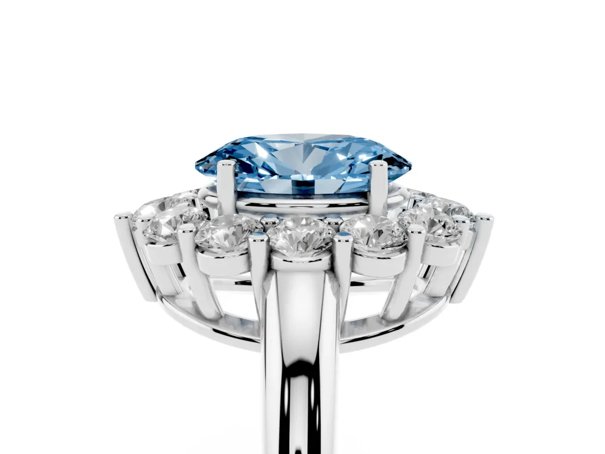 Fancy Blue Oval Cut Halo Cluster Diamond Engagement Ring with Prong Setting and Polished Band Silver