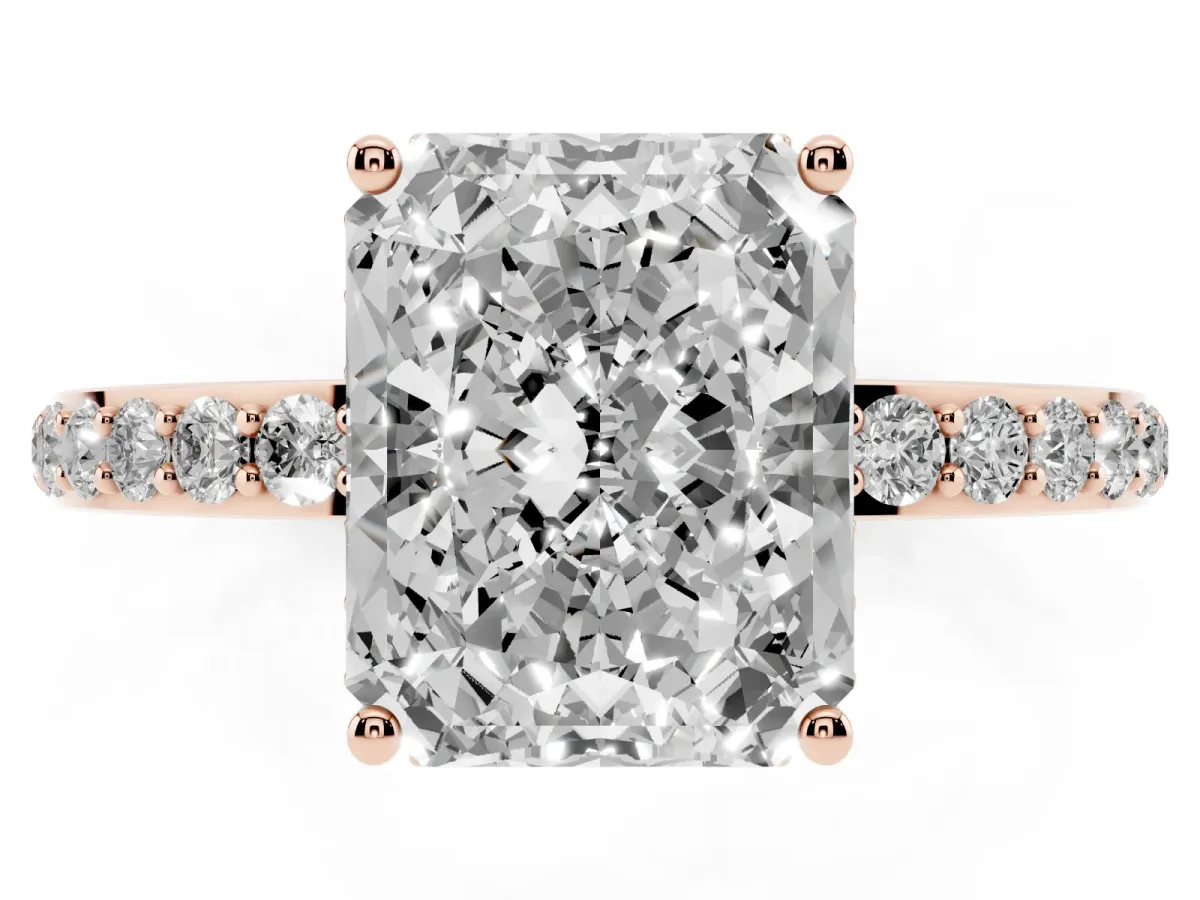 Radiant Cut Diamond Solitaire Ring with Pavé Band and Hidden Halo Rose gold