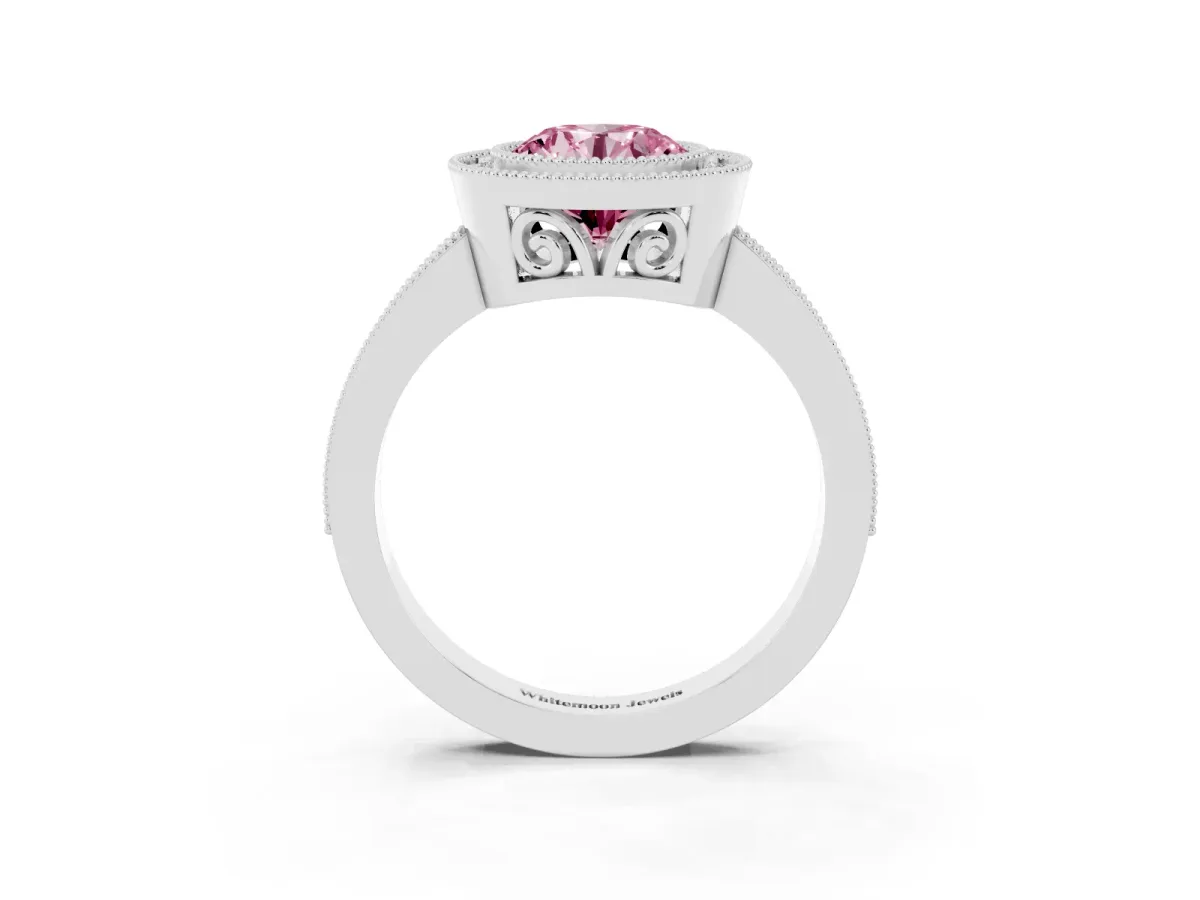 Fancy Pink Round Cut Cut Halo Diamond Ring with Pavé Band and Milgrain Prong Setting Platinum