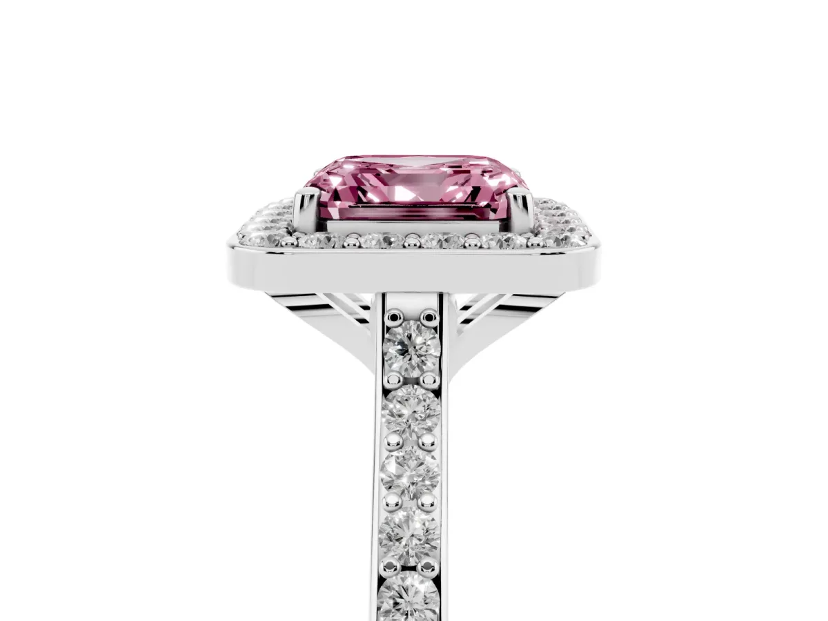 Fancy Pink Asscher Cut Diamond Halo Engagement Ring with Round Pavé Shoulders and Prong Setting White gold