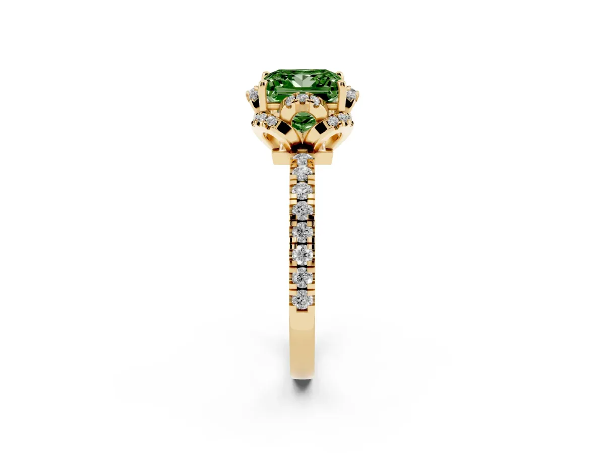 Fancy Green Princess Cut Halo Diamond Pave Band Ring with Four-Prong Setting Yellow gold