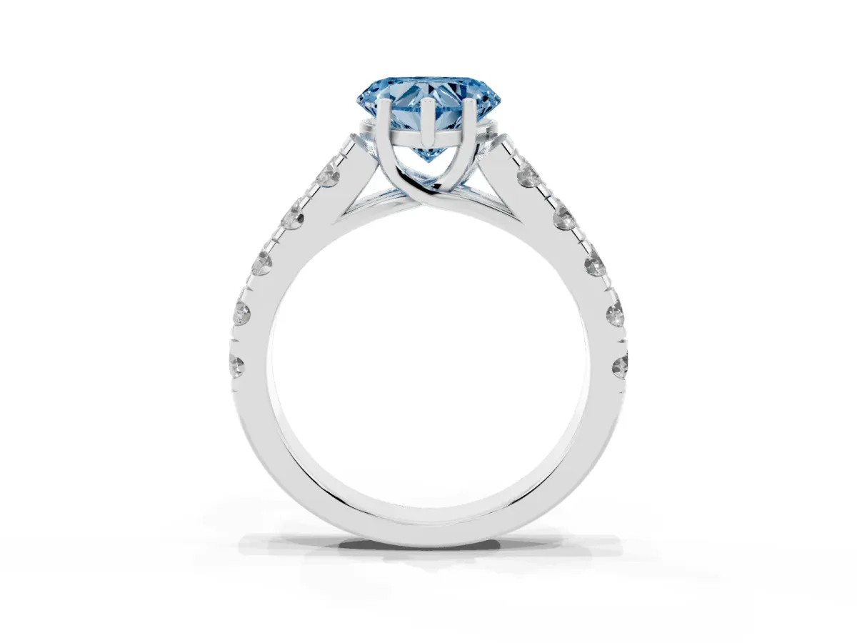 Fancy Blue Heart Cut Cut Diamond Solitaire Ring with Micro Pave Band and Prong Setting Silver