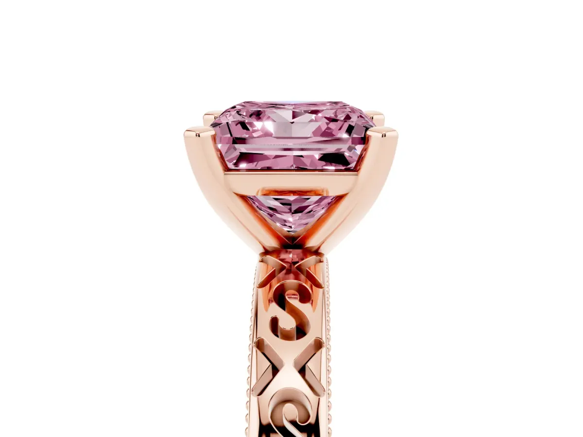Fancy Pink Princess Cut Solitaire Engagement Ring with Scrollwork Band and Four-Prong Setting Rose gold