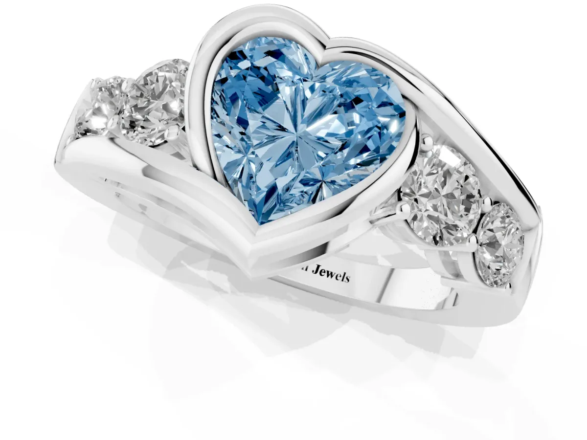 Fancy Blue Bezel Set Heart Cut Diamond Bypass Ring with Round Accents Platinum