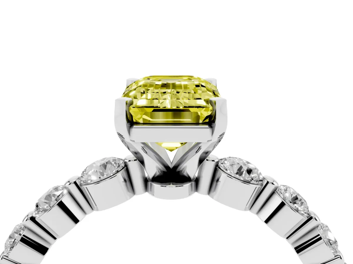 Fancy Yellow Emerald Cut Solitaire Diamond Ring with Pave Band and Four-Prong Setting Silver