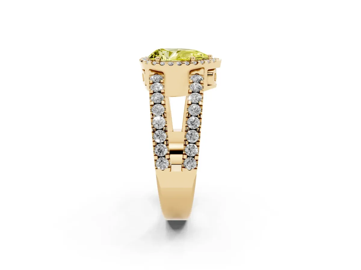 Fancy Yellow Pear Cut Cut Halo Split Shank Diamond Ring with Four-Prong Setting Yellow gold