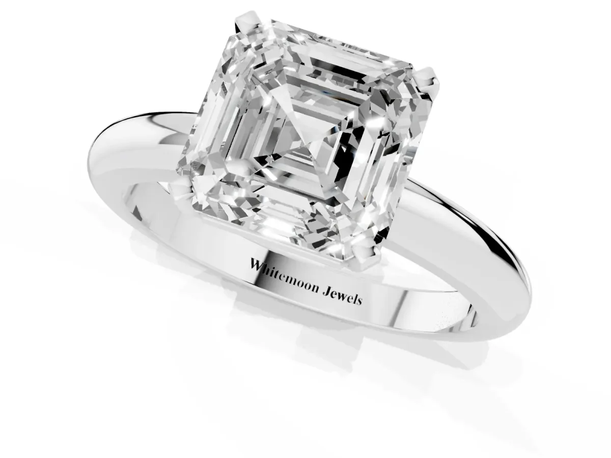 Asscher Cut Diamond Solitaire Engagement Ring with Round Band and Four-Prong Setting Silver