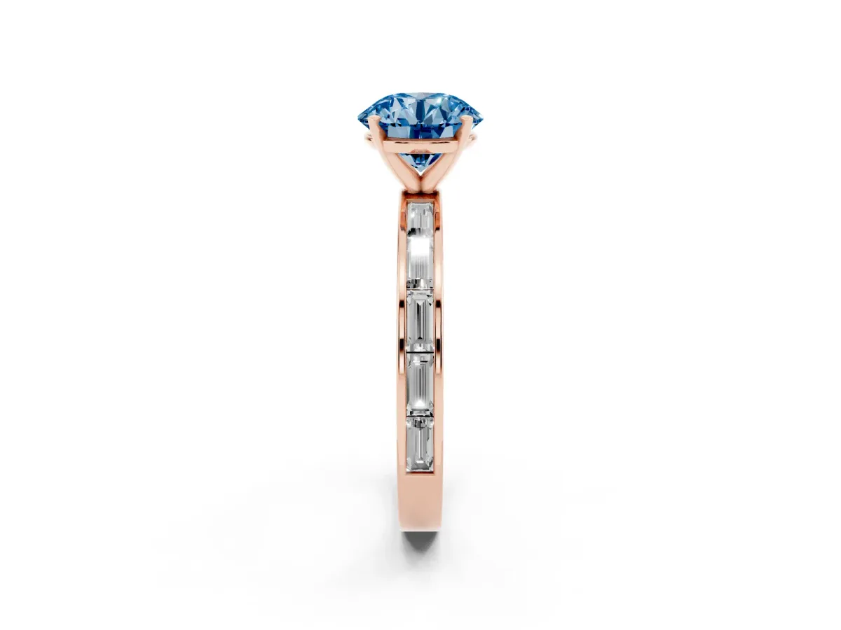 Fancy Blue Round Cut Solitaire Diamond Ring with Channel-Set Baguette Band and Four-Prong Setting Rose gold