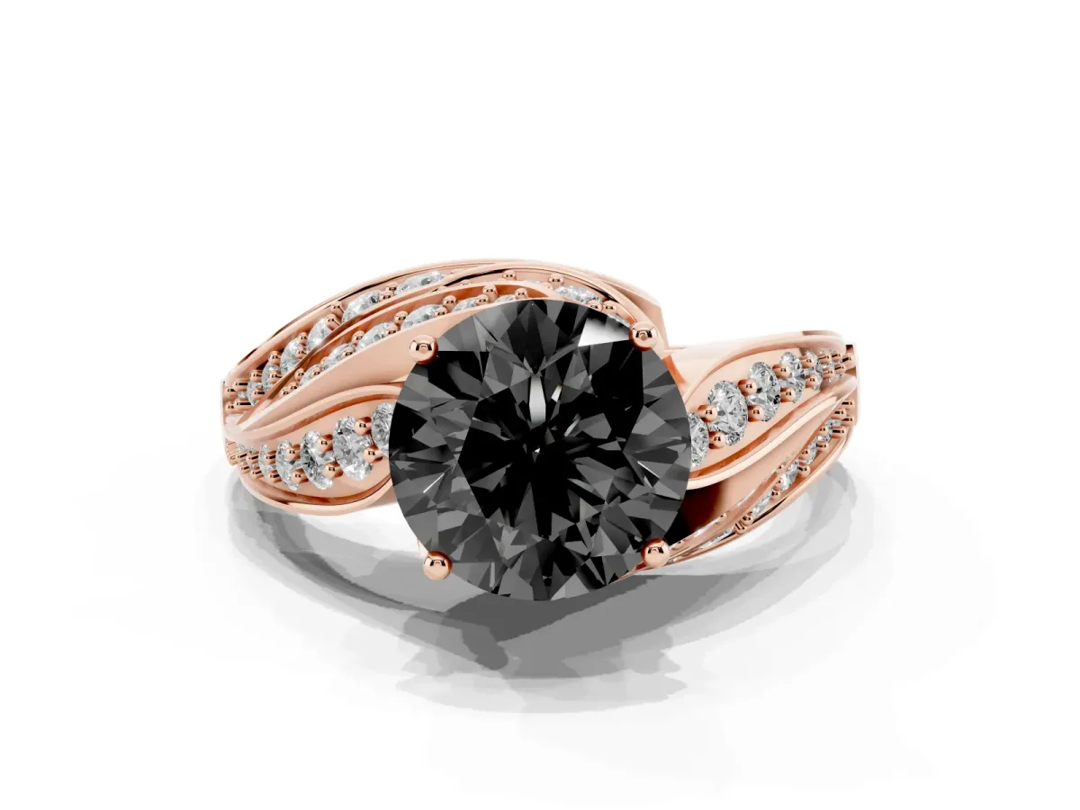 Fancy Black Round Cut Diamond Solitaire Ring with Prong Setting and Twisted Pavé Band Rose gold