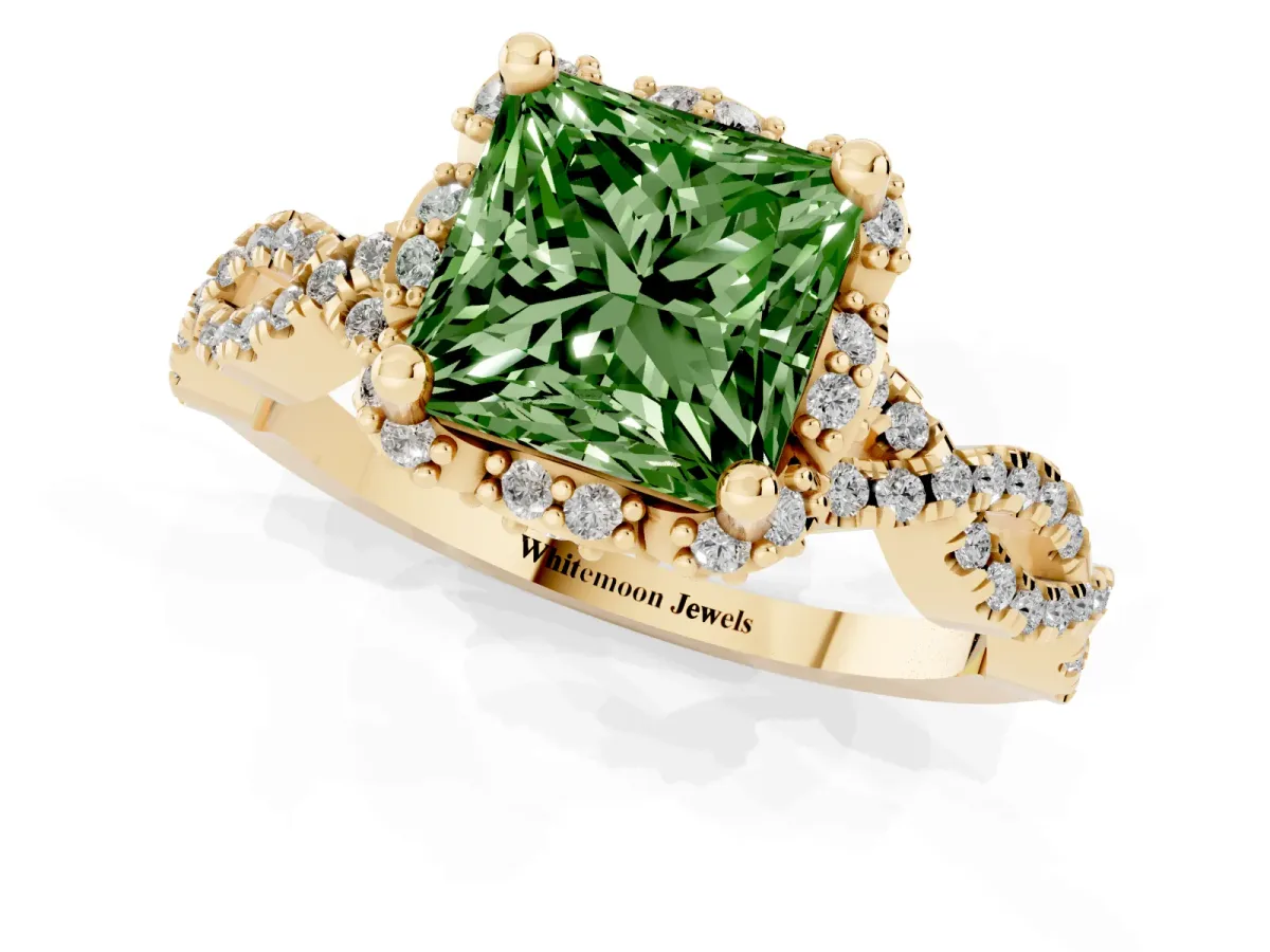 Fancy Green Princess Cut Halo Twist Band Solitaire Ring with Six-Prong Setting Yellow gold