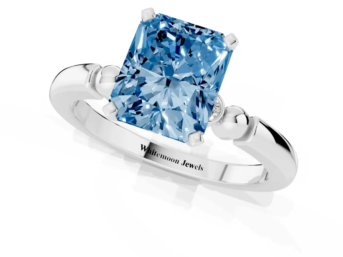 Fancy Blue Radiant Cut Solitaire Beaded Band with Four-Prong Setting White gold