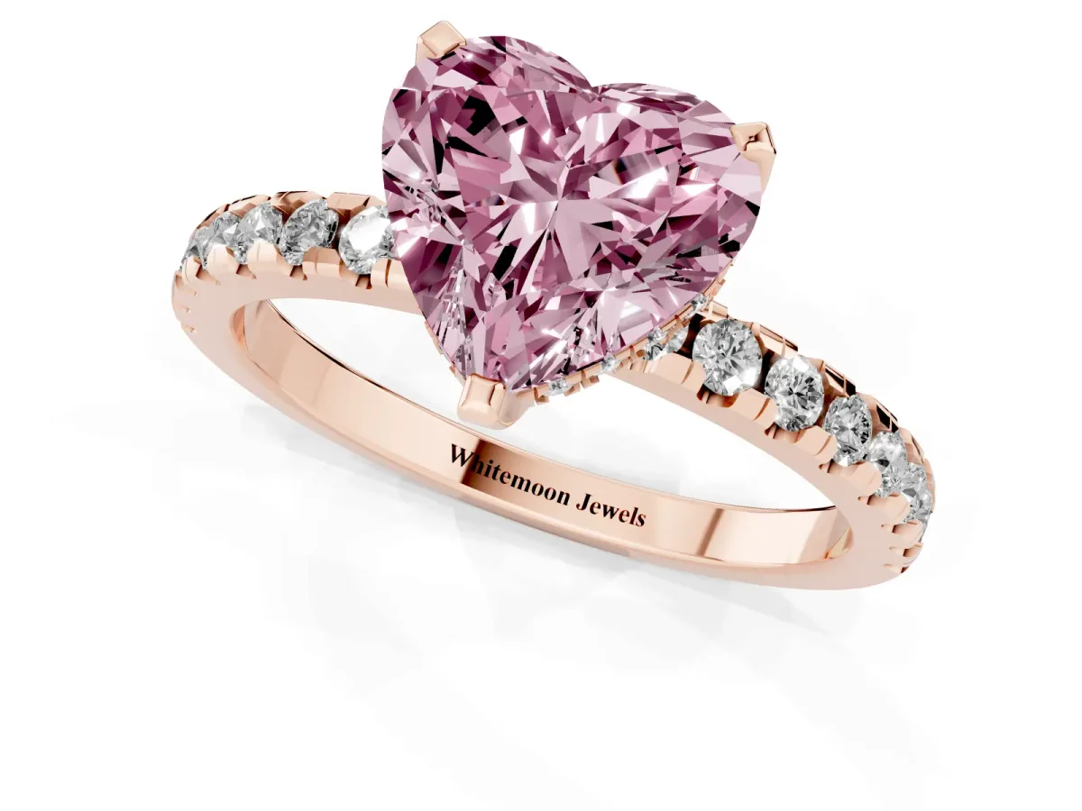 Fancy Pink Heart Cut Diamond Solitaire Ring with Round Pavé Band and Four-Prong Setting Rose gold