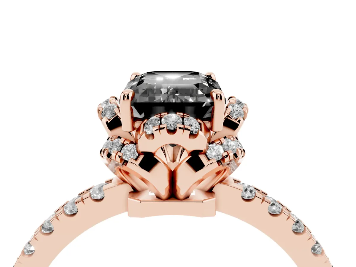 Fancy Black Emerald Cut Diamond Halo Pave Band with Four-Prong Setting Rose gold