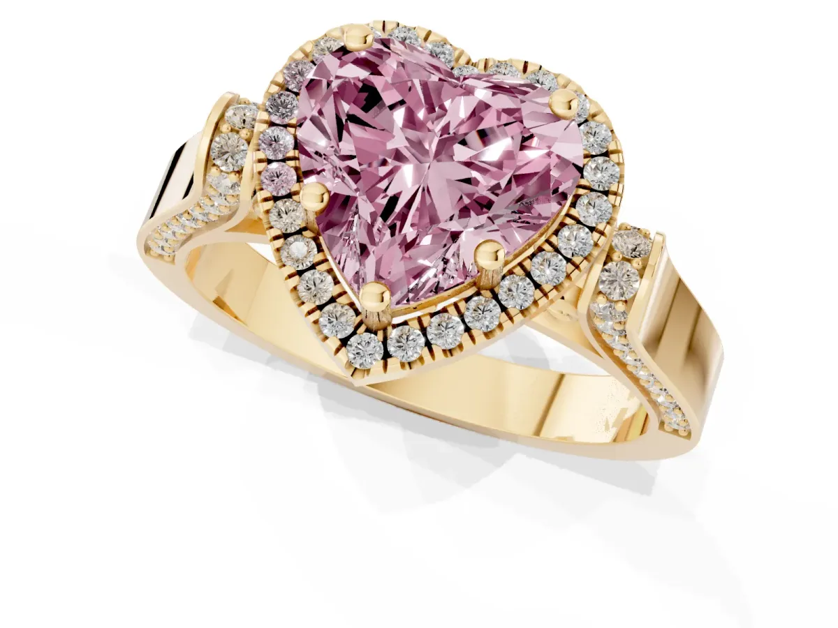 Fancy Pink Heart Cut Halo Round Diamond Twist Band with Four-Prong Setting Yellow gold