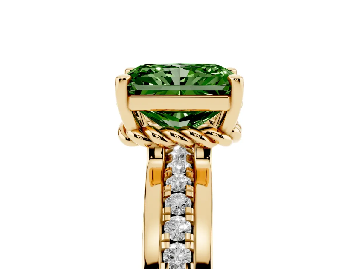 Fancy Green Radiant Cut Solitaire Diamond Ring with Channel Set Band and Six-Prong Setting Yellow gold