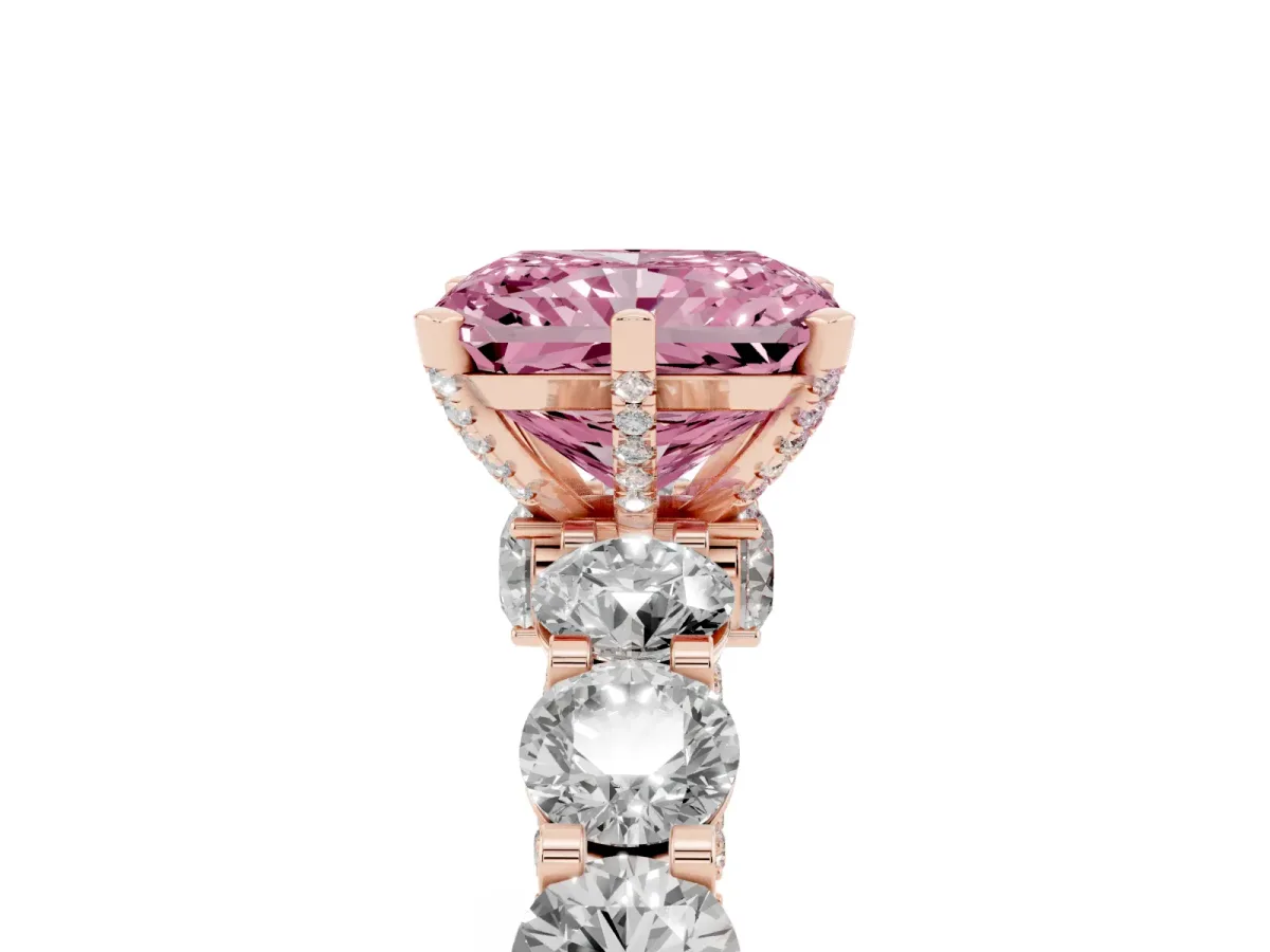 Fancy Pink Radiant Cut Diamond Side Stone Engagement Ring with Four-Prong Setting Rose gold