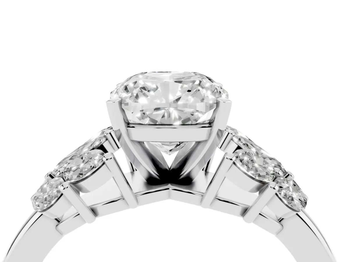 Cushion Cut Diamond Cluster Leaf Design Ring with Prong Setting Silver