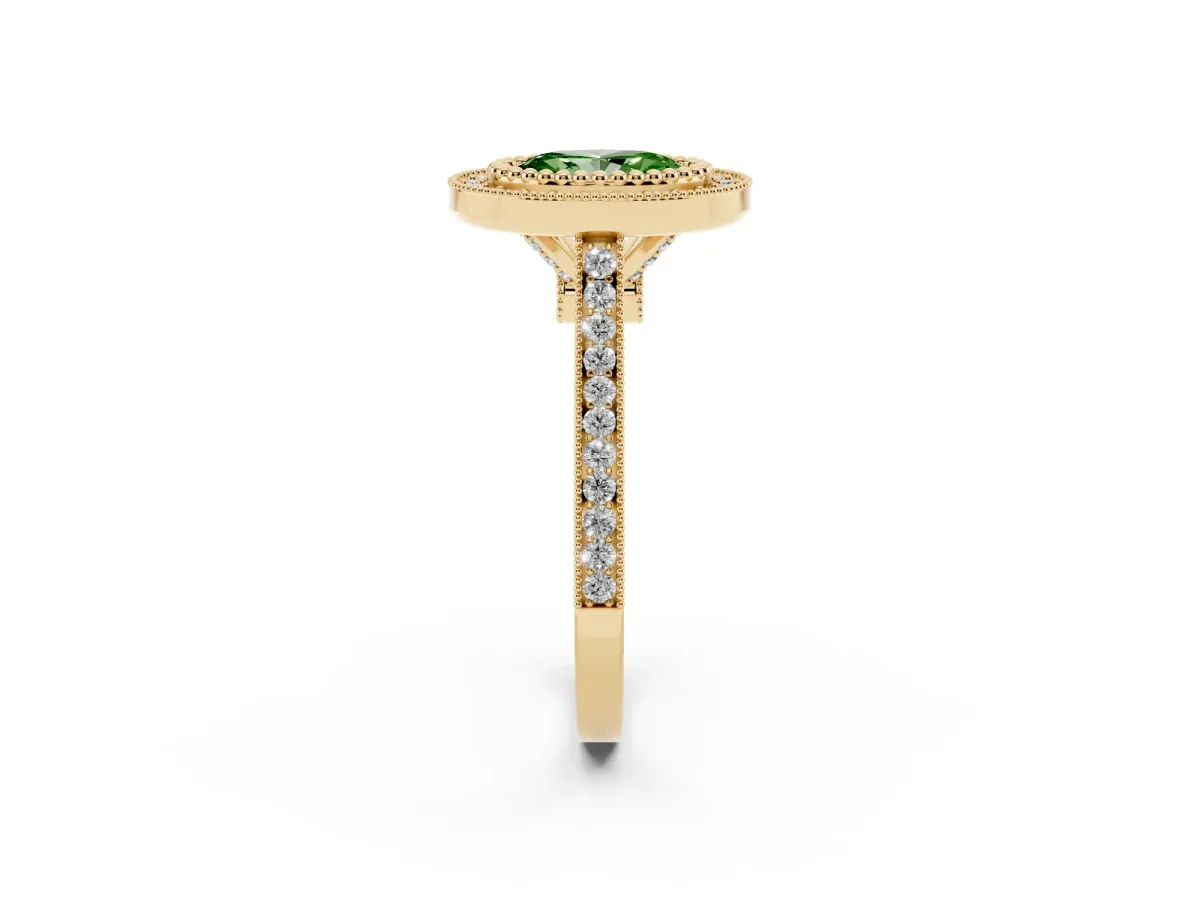 Fancy Green Oval Cut Diamond Halo Ring with Milgrain Frame and Pavé Band Yellow gold