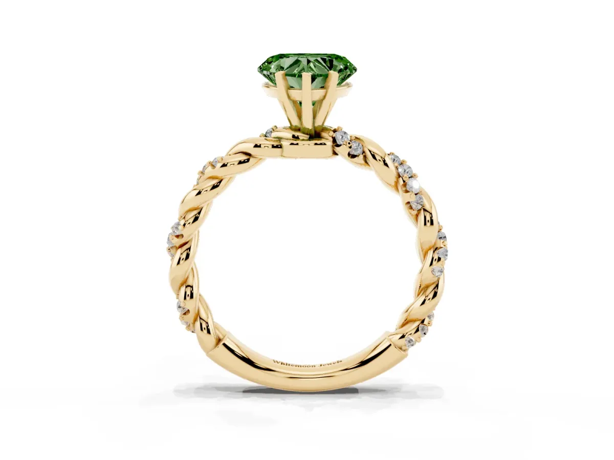 Fancy Green Heart Cut Diamond Solitaire Ring with Twisted Band and Pavé Accents Yellow gold