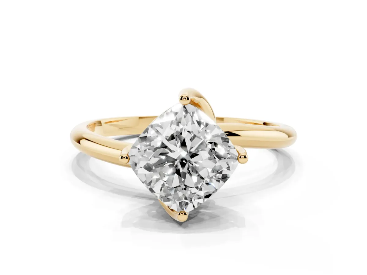 Cushion Cut Diamond Solitaire Engagement Ring with Four-Prong Setting and Classic Band Yellow gold