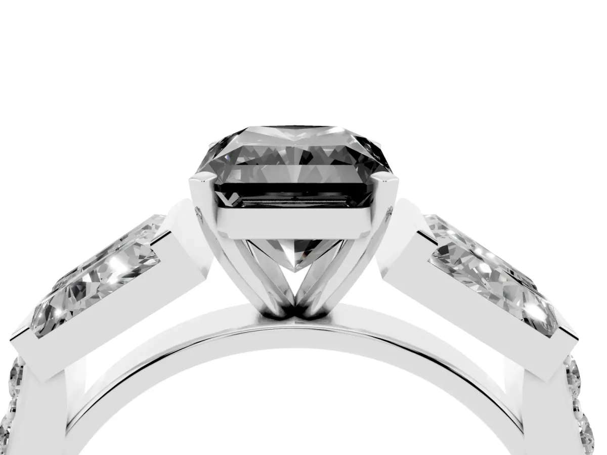 Fancy Black Radiant Cut Diamond Engagement Ring with Baguette Side Stones and Channel Set Band Platinum