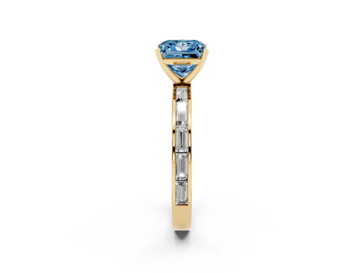 Fancy Blue Princess Cut Solitaire Diamond Ring with Channel-Set Baguette Band and Four-Prong Setting Yellow gold