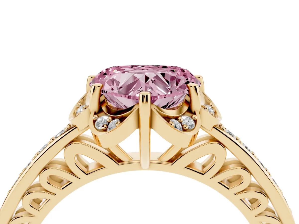 Fancy Pink Heart Cut Cut Halo Diamond Ring with Channel Set Band and Four-Prong Setting Yellow gold