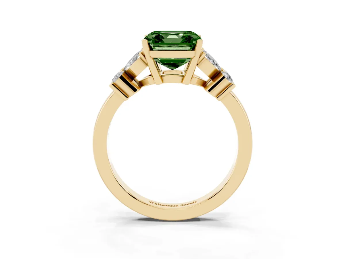 Fancy Green Asscher Cut Diamond Floral Cluster Ring with Solitaire Band and Prong Setting Yellow gold
