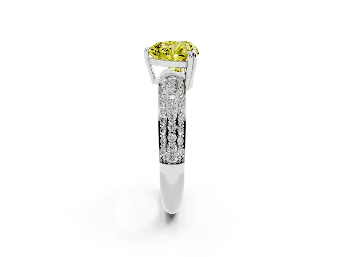 Fancy Yellow Heart Cut Diamond Solitaire Ring with Multi-Row Round Pavé Band and Prong Setting White gold