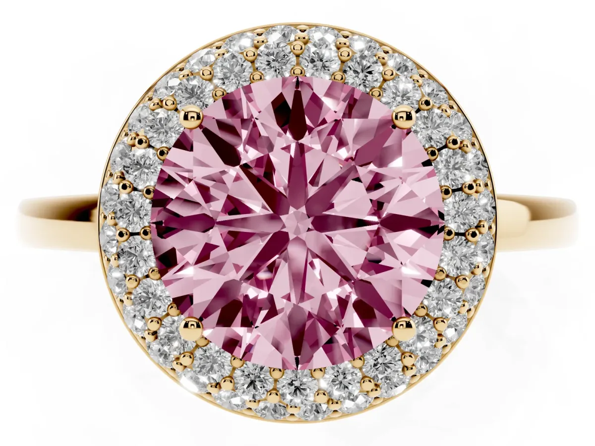 Fancy Pink Round Cut Halo Diamond Engagement Ring with Solitaire Band and Four-Prong Setting Yellow gold
