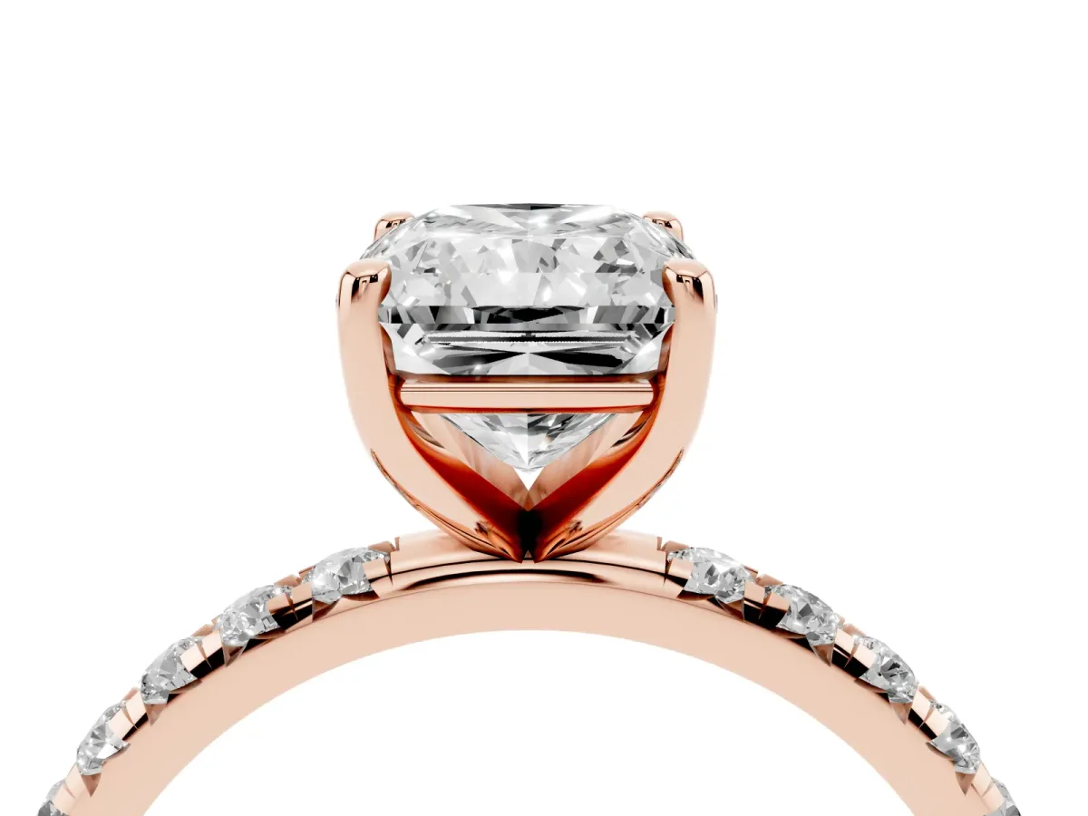 Radiant Cut Cut Diamond Solitaire Ring with Micro Pave Band and Four Prong Setting Rose gold