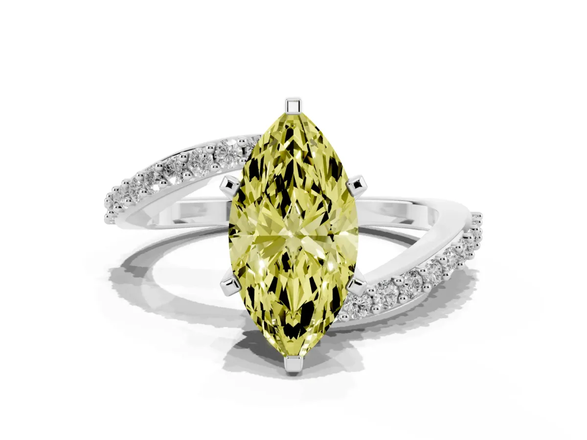 Fancy Yellow Marquise Cut Solitaire Twist Band with Pave Set Diamonds and Four-Prong Setting White gold