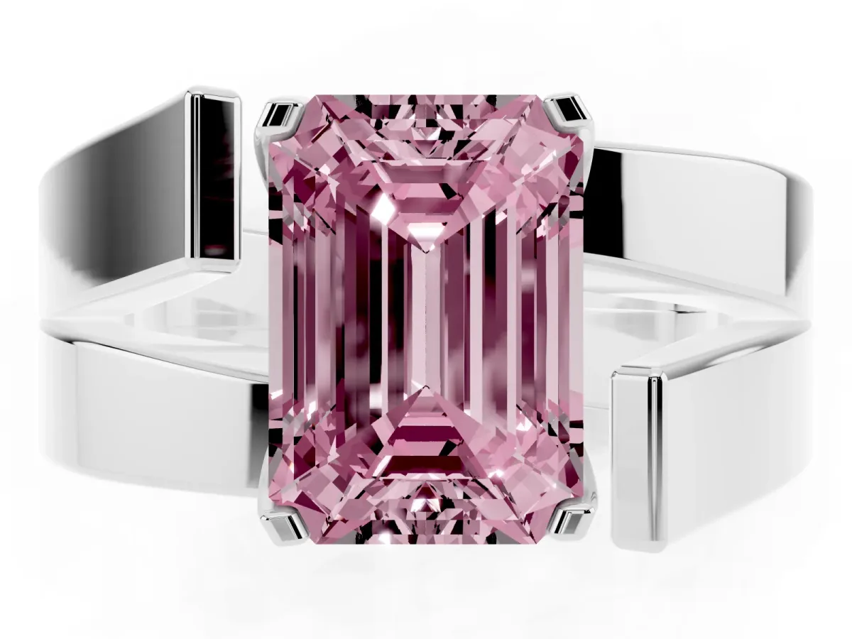 Fancy Pink Modern Tension Set Emerald Cut Diamond Solitaire Wide Band Ring Silver