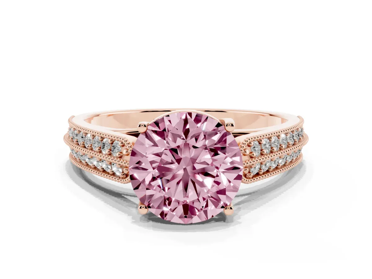 Fancy Pink Round Cut Cut Pave Split Shank Engagement Ring with Four-Prong Setting Rose gold