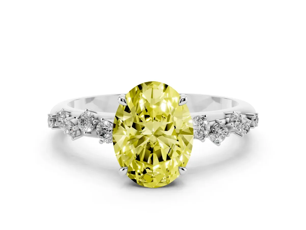 Fancy Yellow Oval Cut Diamond Cluster Prong-Set Solitaire Ring Platinum