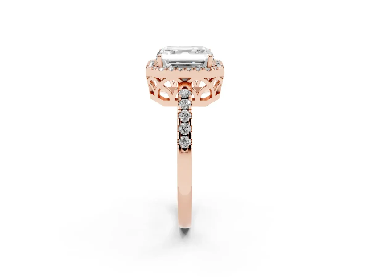 Asscher Cut Halo Diamond Engagement Ring with Pavé Band and Four-Prong Setting Rose gold