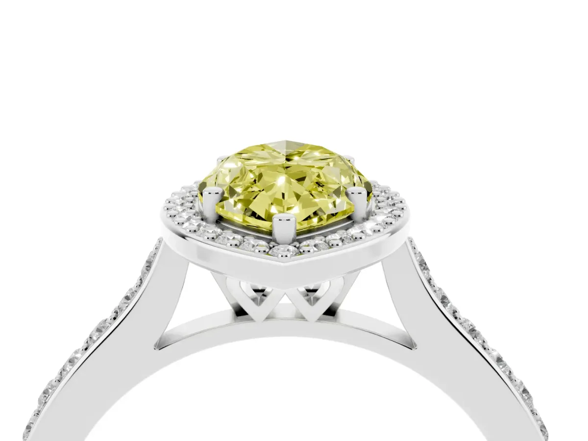 Fancy Yellow Marquise Cut Diamond Halo Engagement Ring with Round Pavé Shoulders and Prong Setting White gold